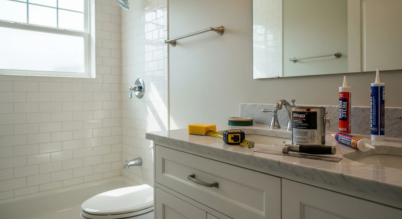 Renovated bathroom with new tile, vanity, and fixtures