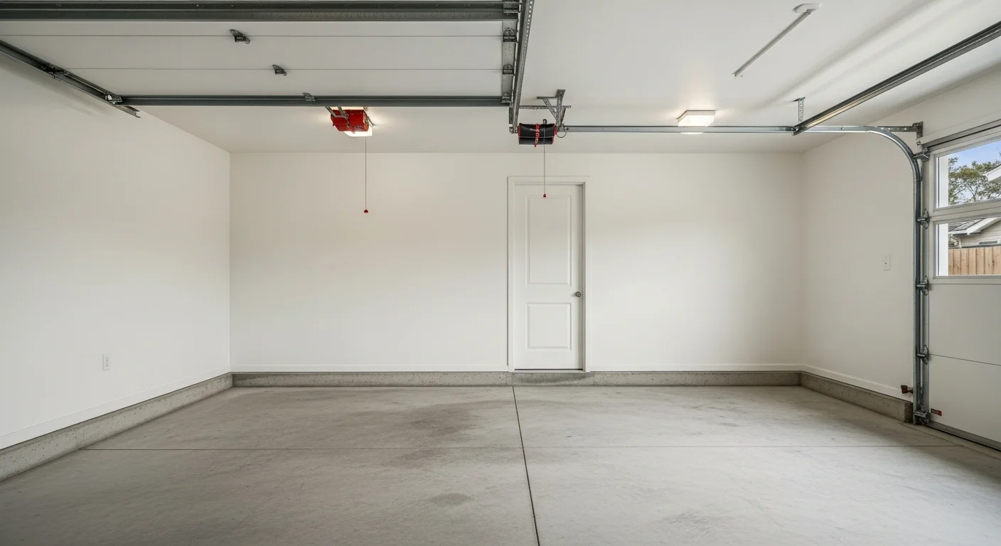 Finished garage with epoxy flooring and wall storage