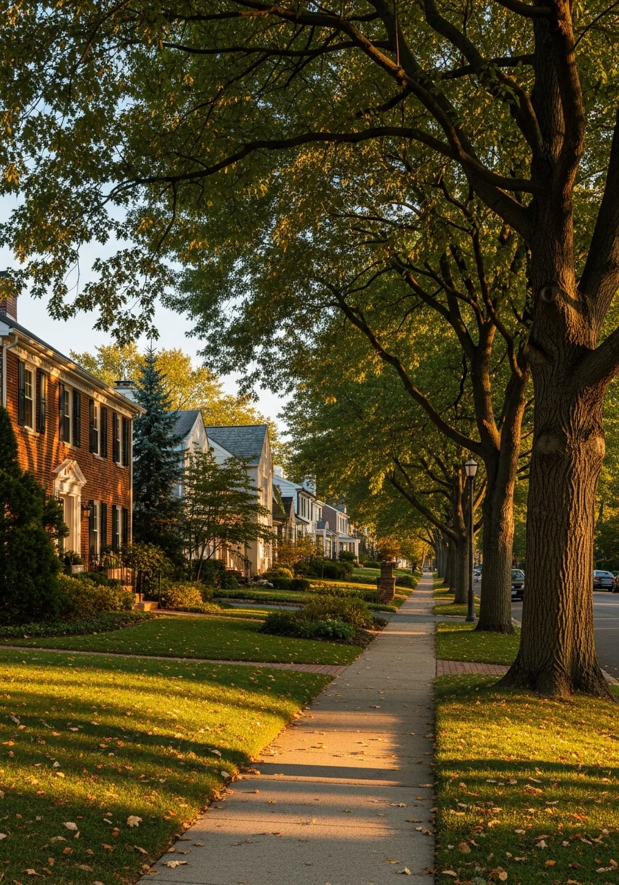 A family-friendly Gaithersburg neighborhood with tree-lined sidewalks and varied home styles.