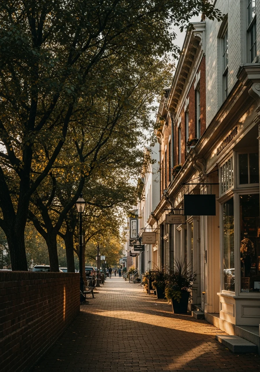Kensington's walkable downtown area with local shops and tree-lined sidewalks.