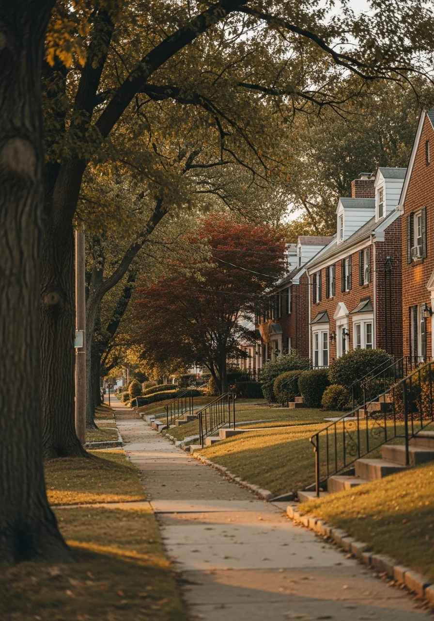 A residential Silver Spring street with varied home styles and tree-lined sidewalks.