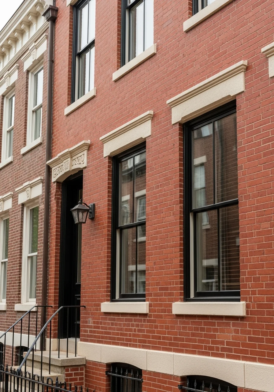A close-up of a renovated DC townhouse facade with restored brick and new windows, showing attention to period detail.