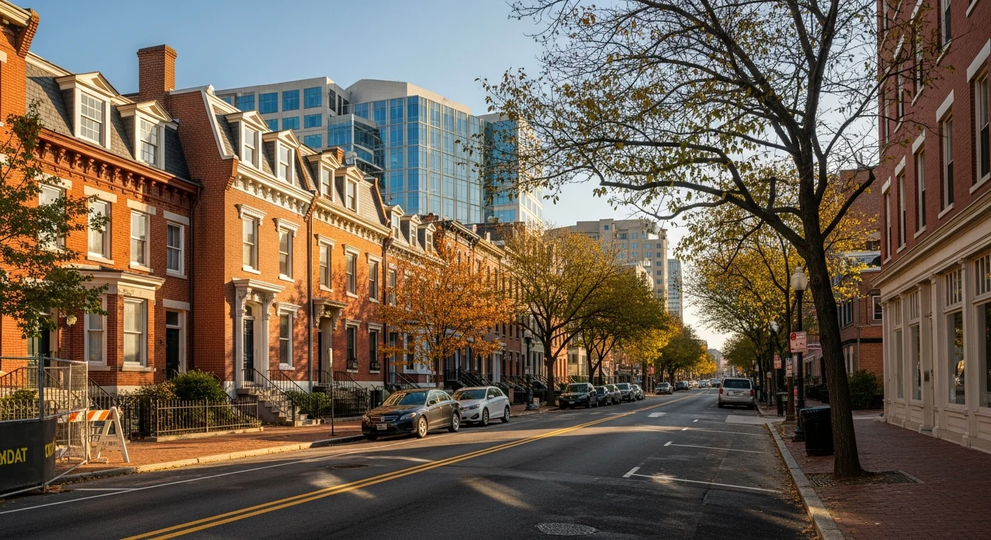 Historic row houses and modern office buildings line a tree-lined street in downtown Washington, DC, with pedestrians and parked cars visible.