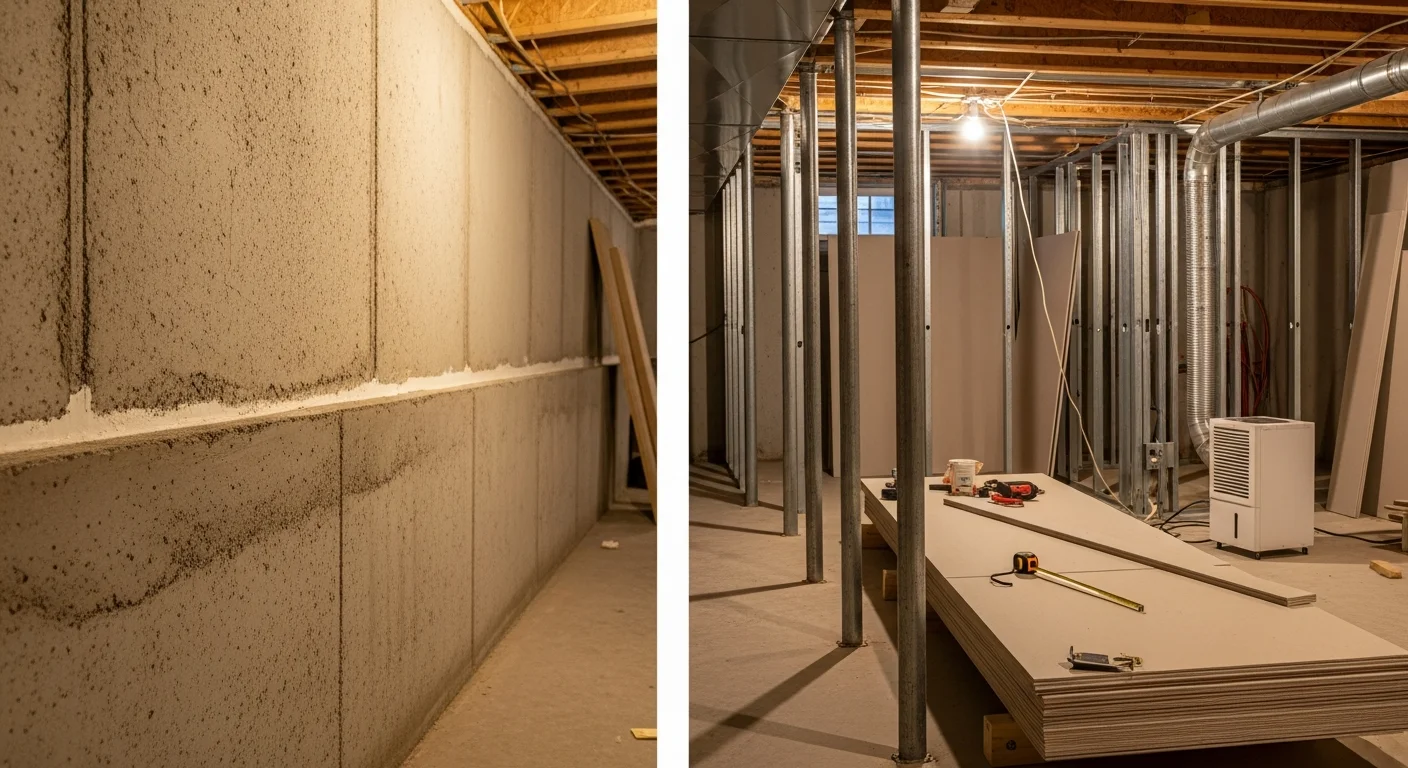 A finished basement in a Washington DC rowhouse showing a bright family room with recessed lighting, framed walls, and luxury vinyl flooring. The space was converted from an unfinished below-grade storage area by Solid Foundation Construction.