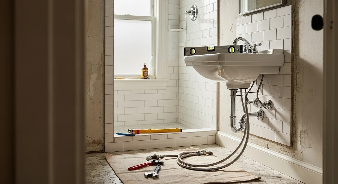 A newly installed bathroom vanity, sink, and toilet in a Washington DC rowhouse bathroom with clean tile work and updated plumbing fixtures. The compact layout reflects a typical DC home renovation completed by Solid Foundation Construction.