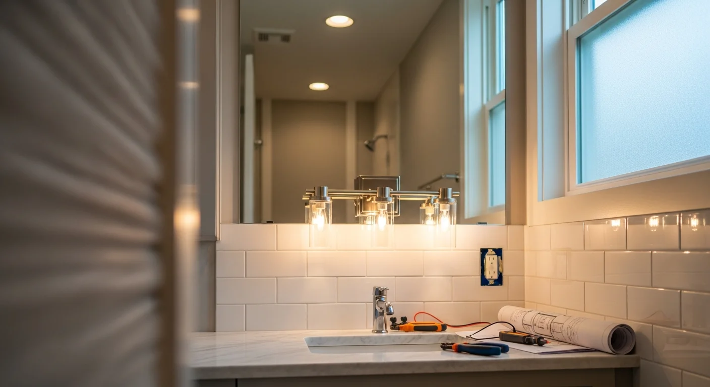 A remodeled bathroom in a Washington DC rowhouse with recessed ceiling lights and a lit vanity fixture above a double-sink mirror. The lighting is evenly distributed with no harsh shadows on the walls or countertop.