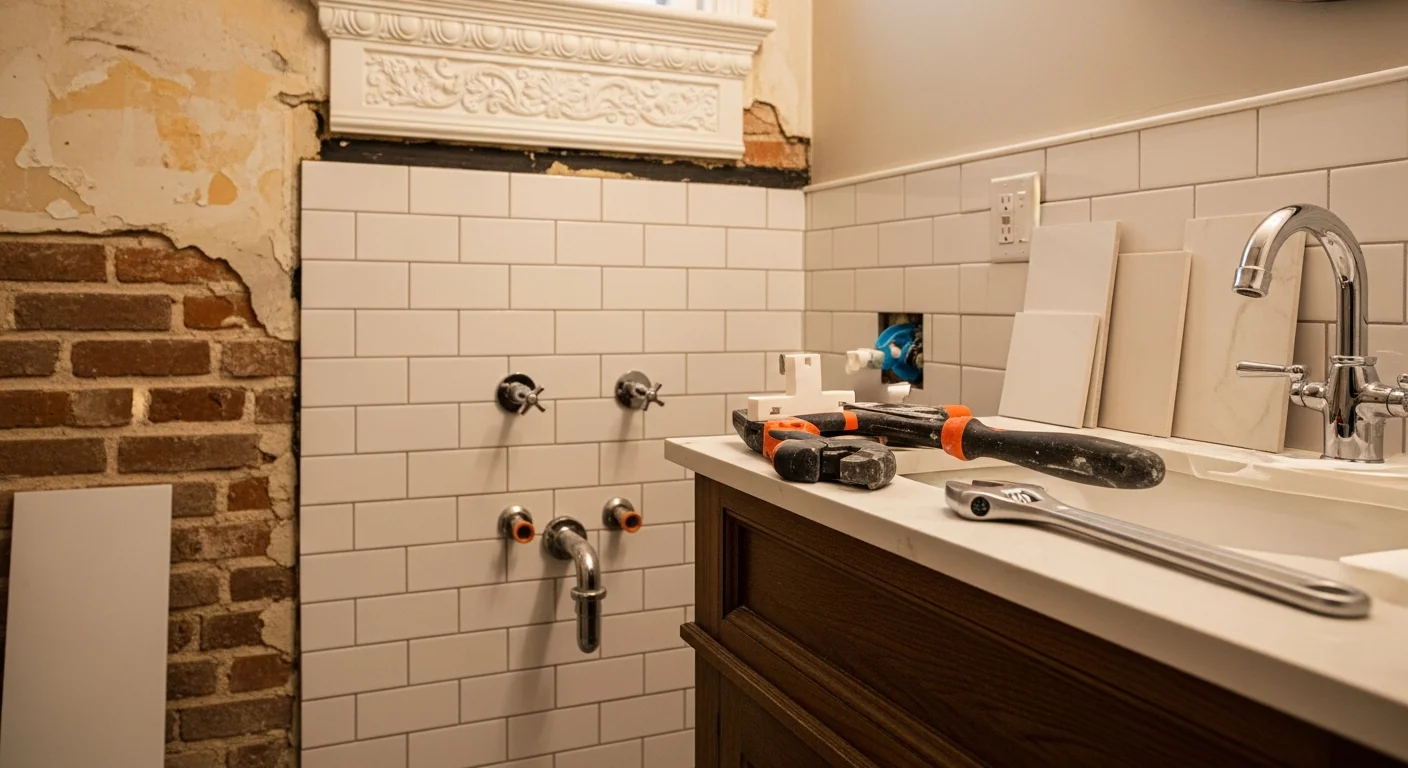 A remodeled bathroom in a Washington DC rowhouse featuring updated tile work, a new vanity, and a walk-in shower replacing an original tub. The finished space reflects a practical layout upgrade common in older DC homes with limited square footage.