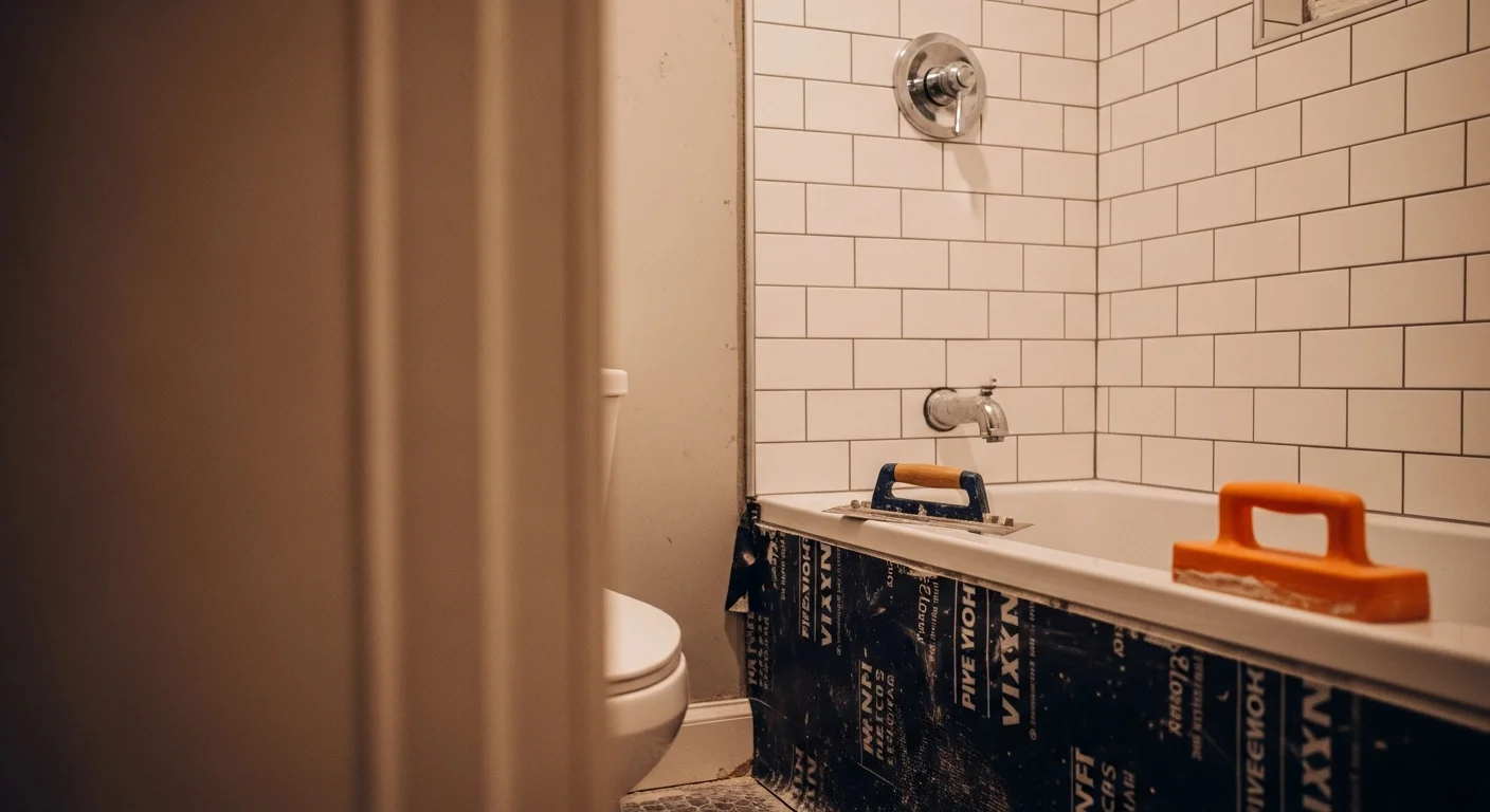 Freshly installed floor and shower wall tile in a compact Washington DC rowhouse bathroom, showing clean grout lines and a waterproofed shower surround. The finished space reflects professional tile setting work by Solid Foundation Construction.