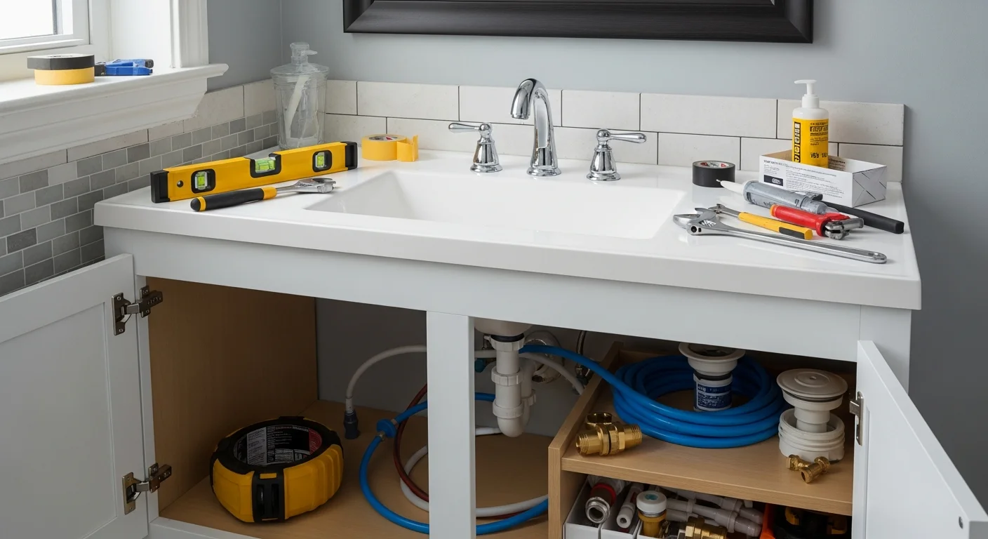 A newly installed bathroom vanity with a clean countertop and connected sink in a compact Washington DC row house bathroom. The cabinet fits flush to the wall with finished plumbing connections visible beneath the basin.