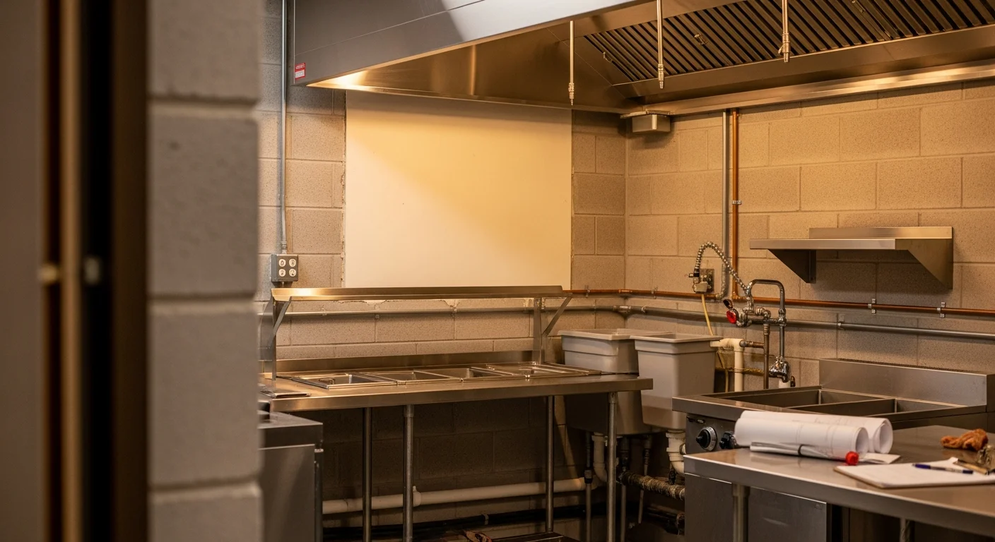 Completed commercial kitchen remodel in a Washington DC food service facility, showing stainless steel prep surfaces, updated ventilation hood, and reconfigured cooking line. General contractor finish-out with code-compliant plumbing and electrical visible in the background.