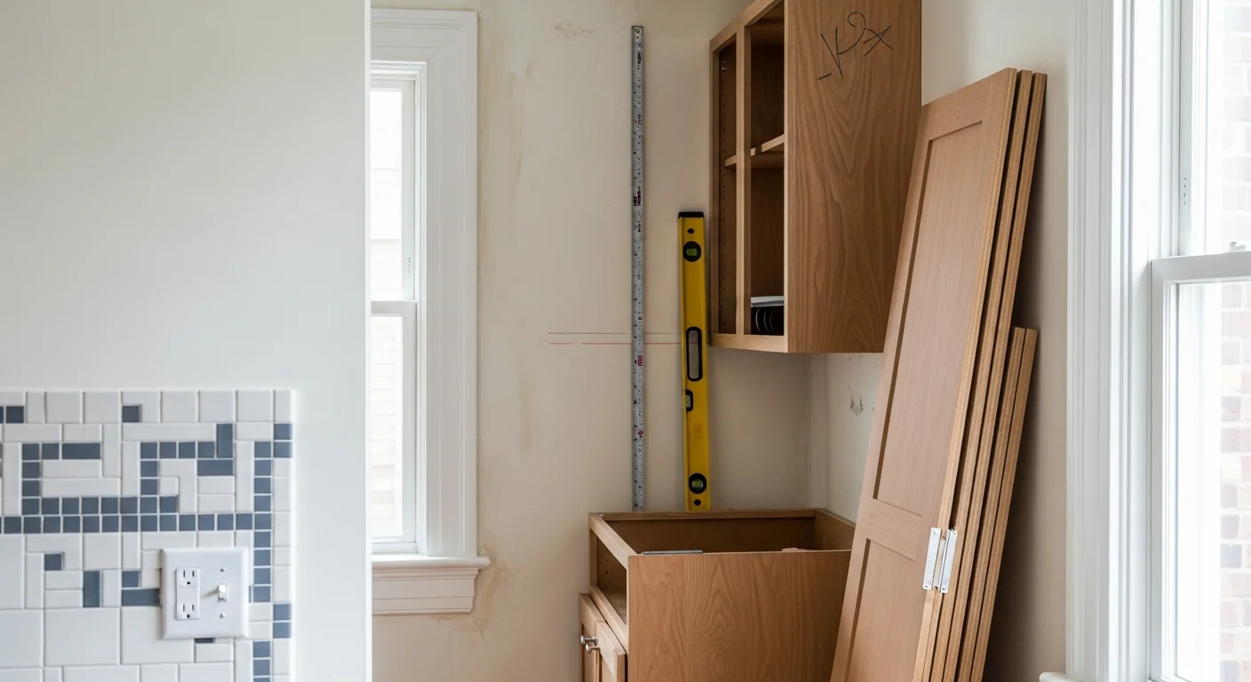 Newly installed custom kitchen cabinets in a Washington DC rowhouse with floor-to-ceiling upper cabinets and fitted lower storage along a narrow galley layout. Cabinets are built flush to uneven plaster walls with consistent trim and finished end panels visible from the open adjacent room.
