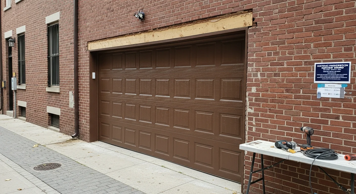 A newly installed garage door on a Washington DC rowhouse, viewed from a rear alley. The door fits flush within a compact masonry opening typical of Capitol Hill and Petworth residential properties.