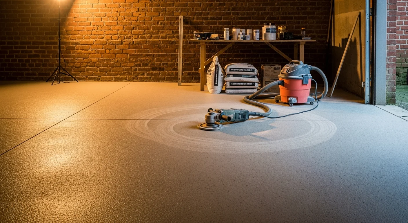 A freshly coated garage floor inside a Washington DC rowhouse garage, showing a smooth, uniform surface free of cracks and stains. The narrow garage footprint reflects typical DC alley-access construction, with clean walls and an open garage door letting in natural light.