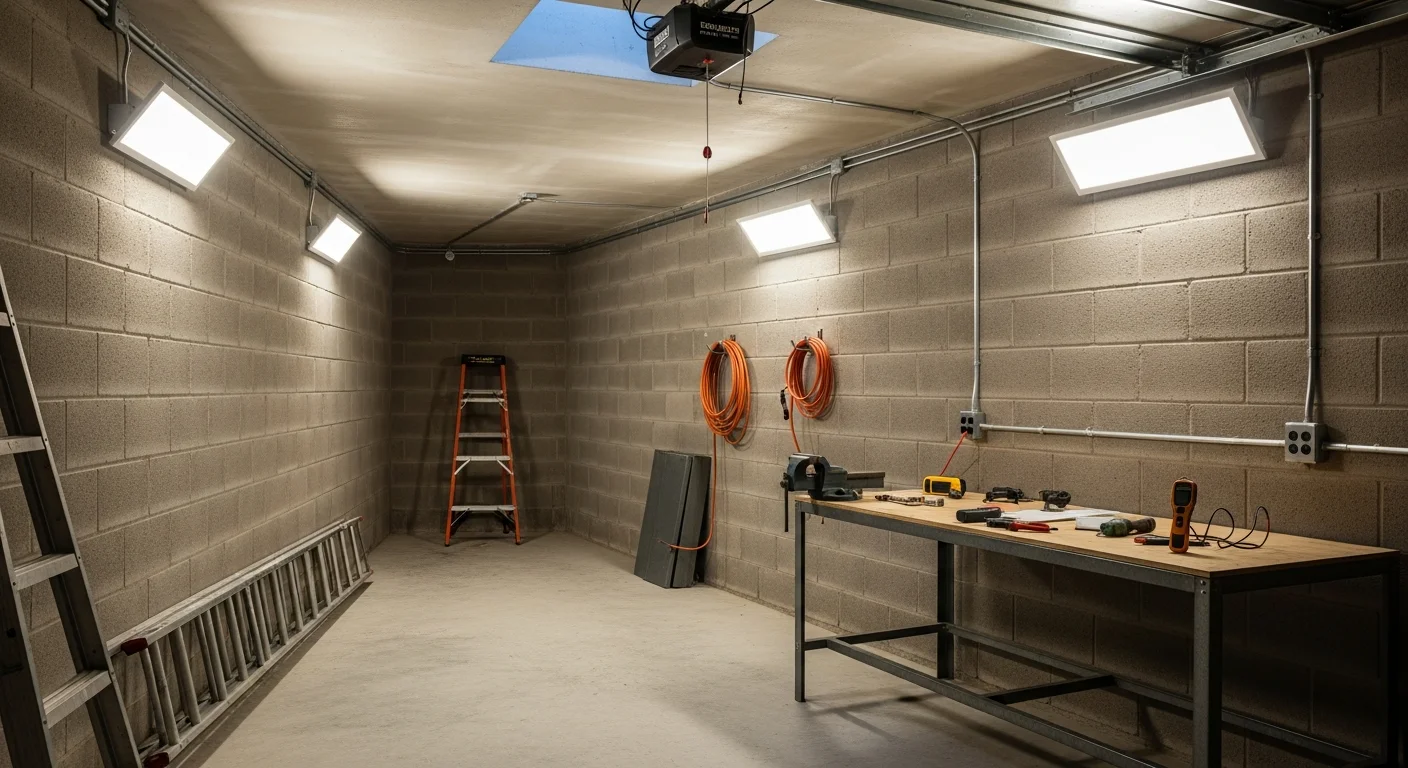 Newly installed overhead lighting fixtures illuminating a Washington DC residential garage interior, showing bright, even light coverage from the garage door to the rear wall. The garage has a clean concrete floor and wall-mounted storage, with no visible dark corners or shadowed areas.