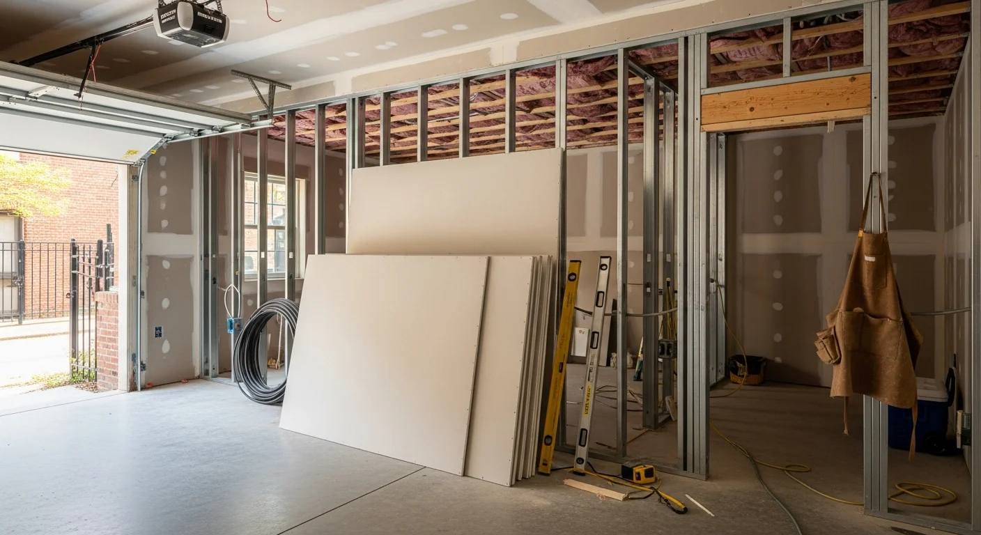 A finished garage remodel in Washington DC showing a clean, insulated interior with new flooring, drywall, and a window where a garage door once stood. The space is attached to the rear of a brick rowhouse typical of the District.