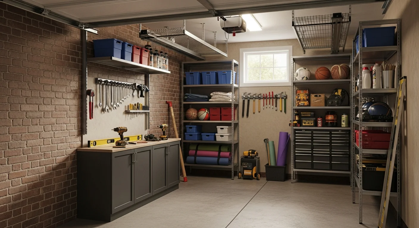 Installed wall shelving and overhead storage racks inside a compact Washington DC rowhouse garage, with tools and bins organized off the floor. The garage floor is clear with open space for a vehicle.