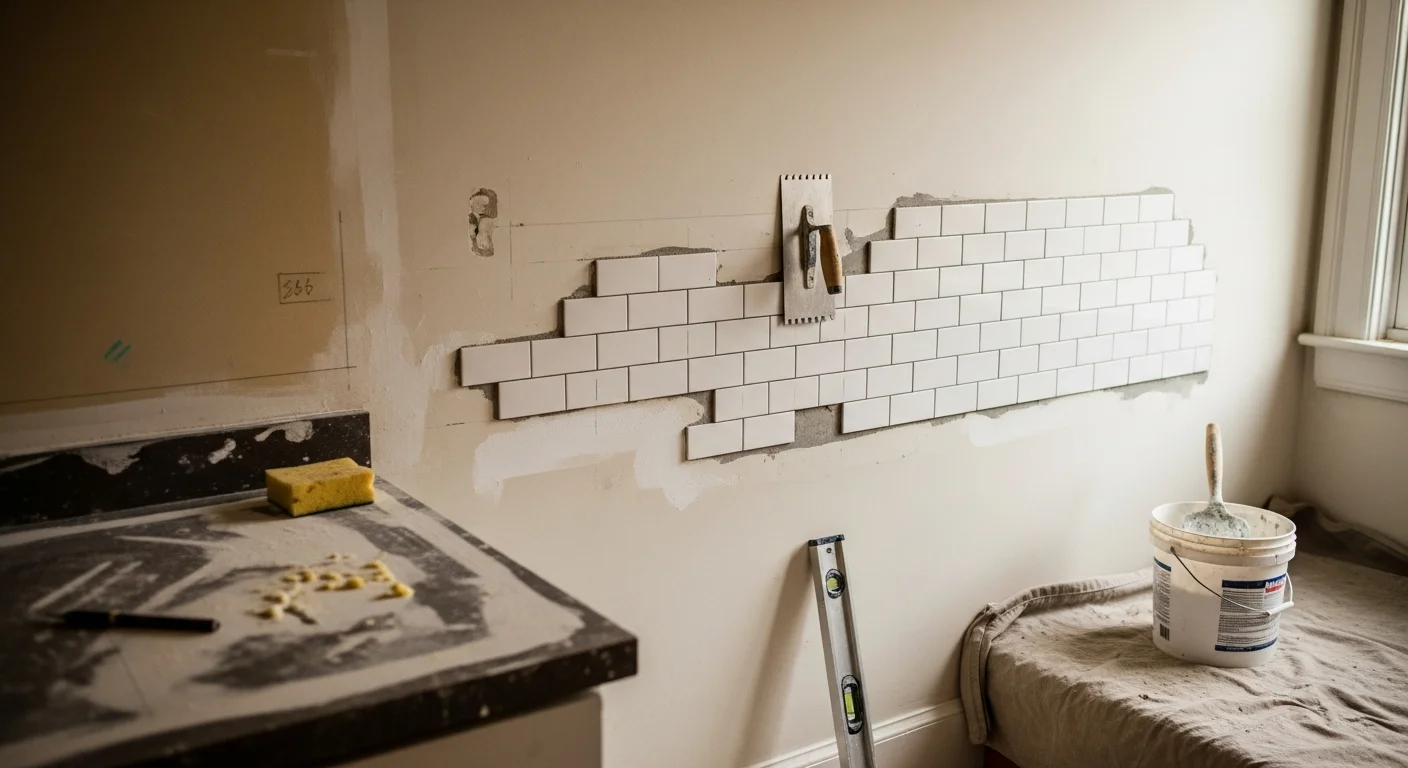 Freshly installed kitchen tile backsplash on the wall above a countertop in a Washington DC rowhouse kitchen. Clean grout lines and precise cuts around an electrical outlet show the finished installation in a compact rear kitchen space.