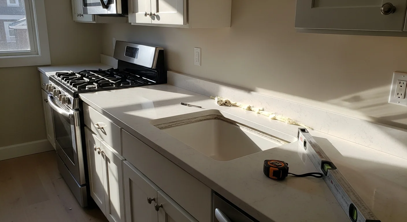 A newly installed stone kitchen countertop in a Washington DC rowhouse kitchen, showing a flush fit along the rear wall with a undermount sink cutout and clean edge profile. The narrow galley layout reflects the typical footprint found in DC residential remodels.