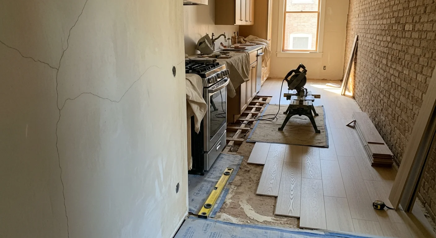 Newly installed kitchen flooring in a Washington DC rowhouse with a narrow rear kitchen layout. The floor runs cleanly under base cabinets and toward the rear entry, showing even seams and a consistent finish.