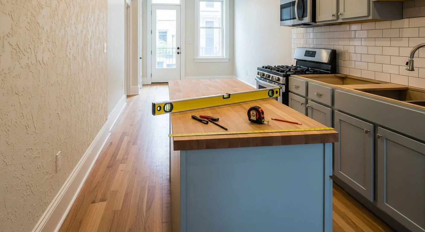 A newly installed kitchen island with cabinet storage and a countertop overhang in a Washington DC rowhouse kitchen. The island is centered in the room with clear walkway space on both sides and finished panels that match the surrounding cabinetry.
