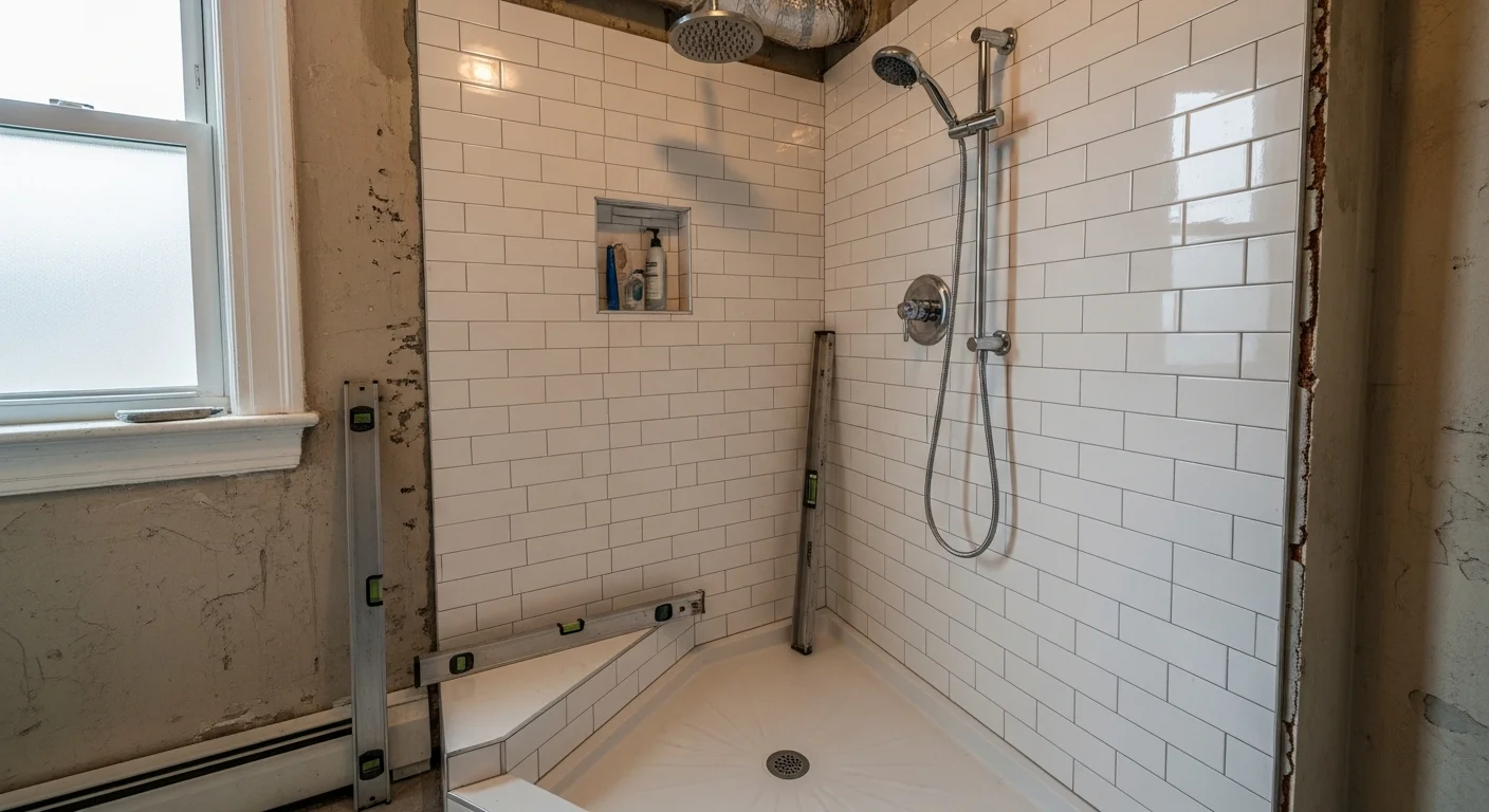 A newly installed walk-in shower with tiled walls and a recessed niche inside a remodeled bathroom in a Washington DC rowhouse. The finished space shows clean grout lines, a frameless enclosure, and a modern showerhead fitted to updated plumbing.