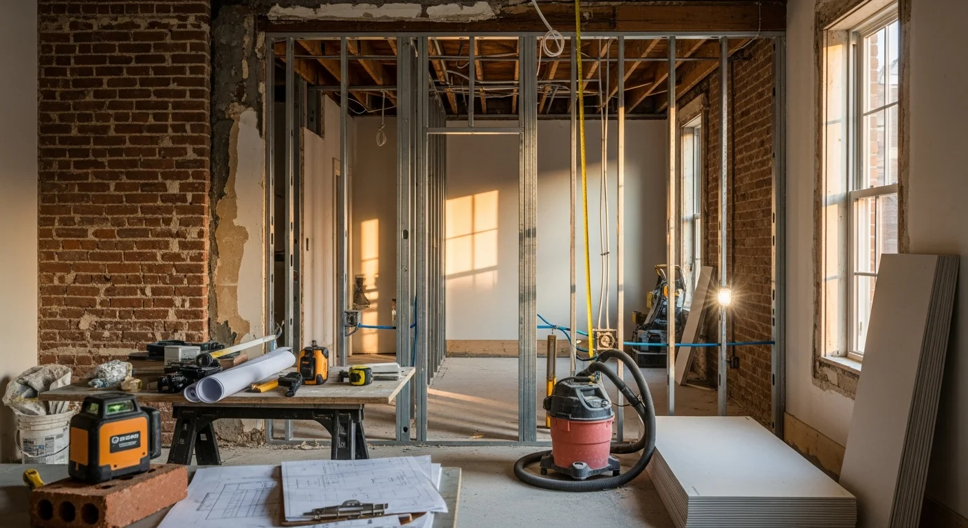 A fully renovated Washington DC rowhouse interior showing an open kitchen and living area with updated flooring, new cabinetry, and modern lighting. The renovation preserves the home's original brick exterior while modernizing every interior system and finish.